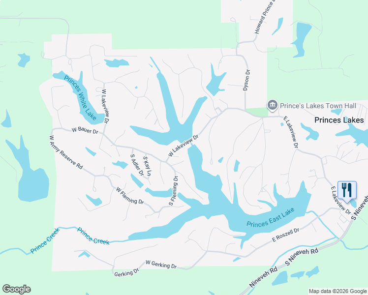 map of restaurants, bars, coffee shops, grocery stores, and more near 398 West Lakeview Drive in Princes Lakes