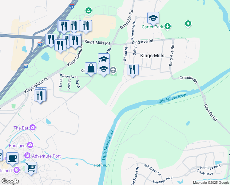 map of restaurants, bars, coffee shops, grocery stores, and more near 2024 Riverwood Trail in Kings Mills