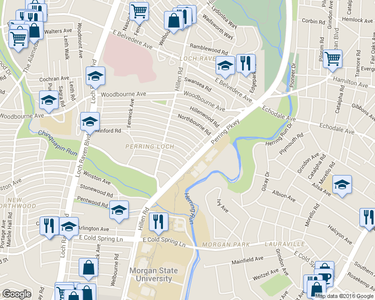 map of restaurants, bars, coffee shops, grocery stores, and more near 2005 Winford Road in Baltimore
