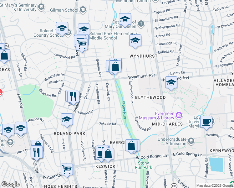 map of restaurants, bars, coffee shops, grocery stores, and more near 0 Towson Bypass in Towson
