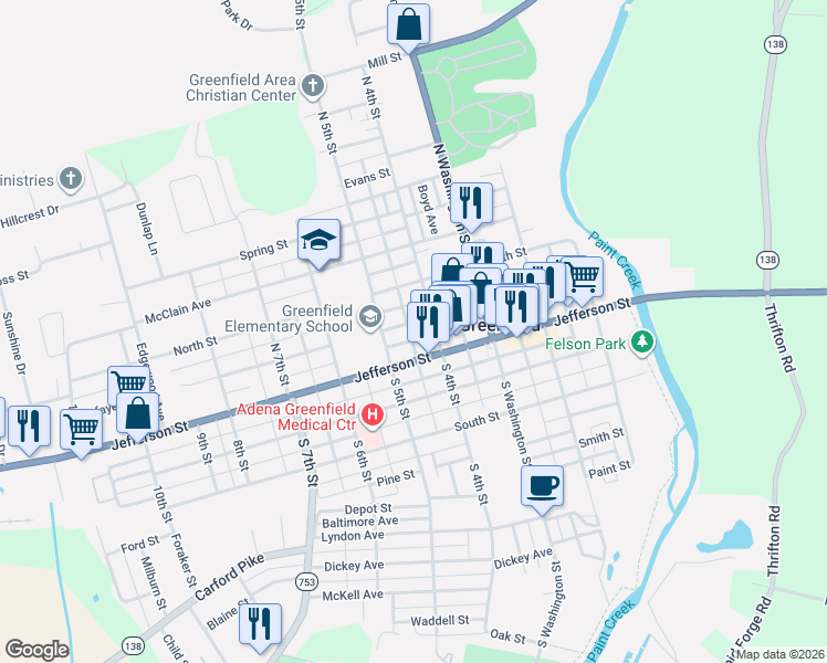 map of restaurants, bars, coffee shops, grocery stores, and more near 439 Lafayette Street in Greenfield