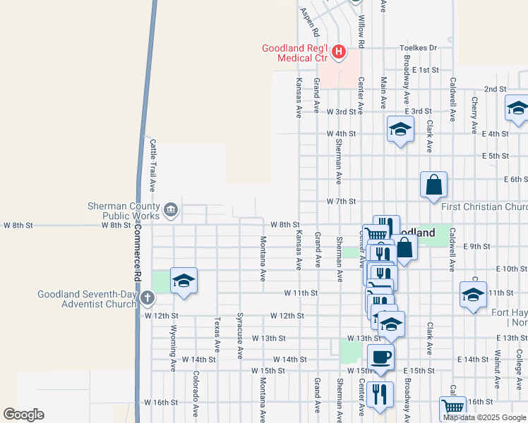 map of restaurants, bars, coffee shops, grocery stores, and more near 707 Wheat Ridge Circle in Goodland