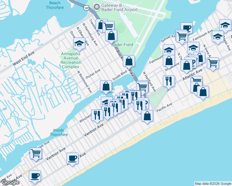 map of restaurants, bars, coffee shops, grocery stores, and more near in Atlantic City