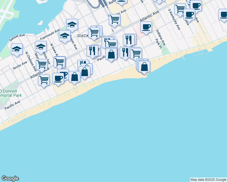 map of restaurants, bars, coffee shops, grocery stores, and more near 3851 Boardwalk in Atlantic City