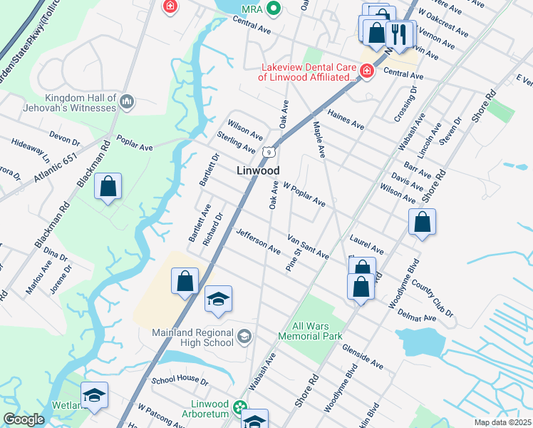 map of restaurants, bars, coffee shops, grocery stores, and more near 933 Oak Avenue in Linwood