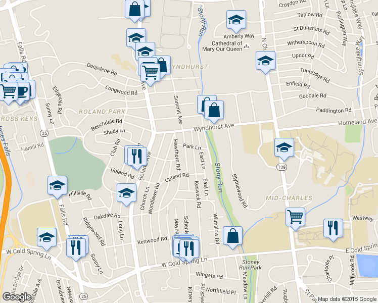 map of restaurants, bars, coffee shops, grocery stores, and more near 4820 Keswick Road in Baltimore