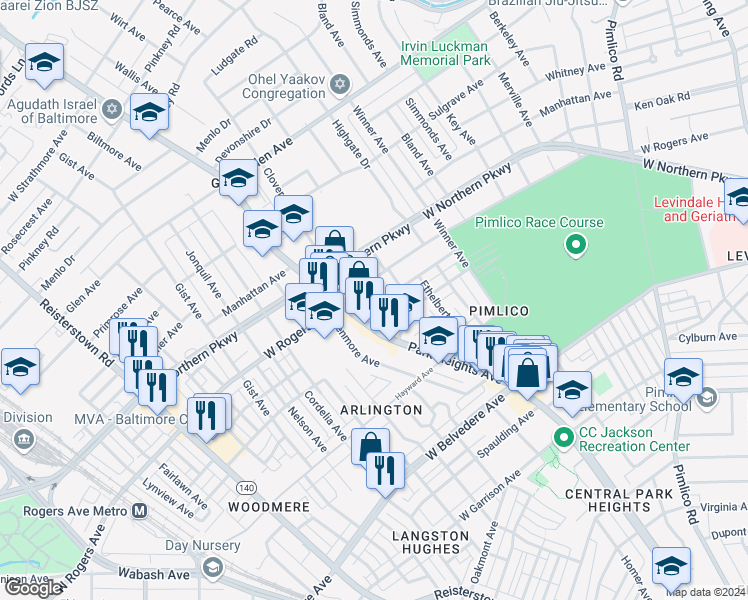 map of restaurants, bars, coffee shops, grocery stores, and more near 3510 Ingleside Avenue in Baltimore