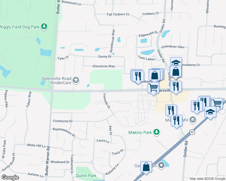 map of restaurants, bars, coffee shops, grocery stores, and more near 6606 Tylersville Road in Mason
