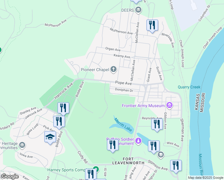 map of restaurants, bars, coffee shops, grocery stores, and more near 326 Doniphan Drive in Leavenworth
