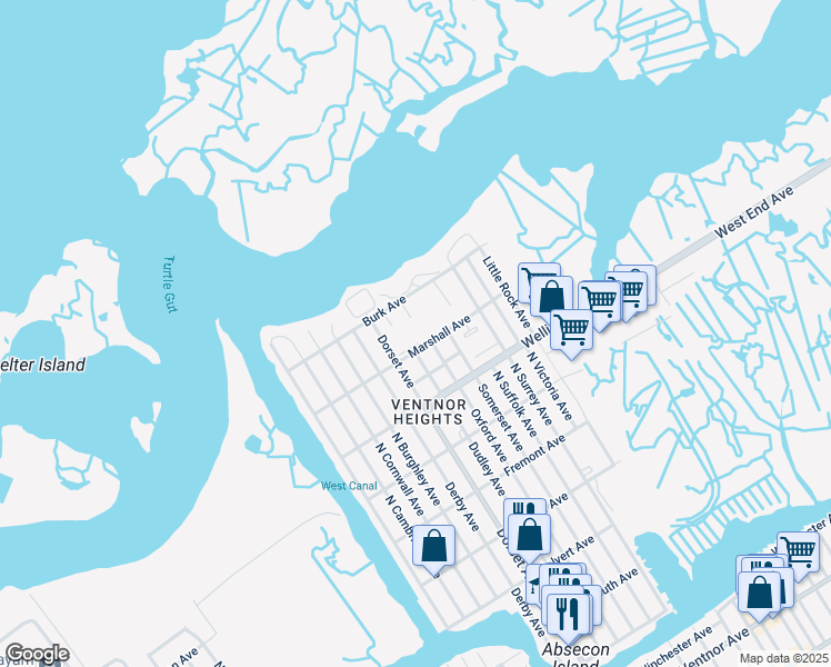 map of restaurants, bars, coffee shops, grocery stores, and more near 800 Burk Court in Ventnor City