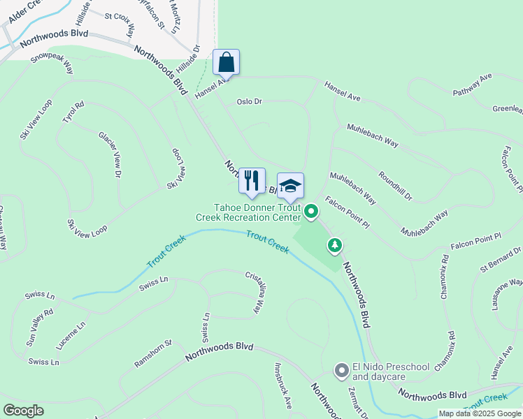 map of restaurants, bars, coffee shops, grocery stores, and more near 12800 Northwoods Boulevard in Truckee