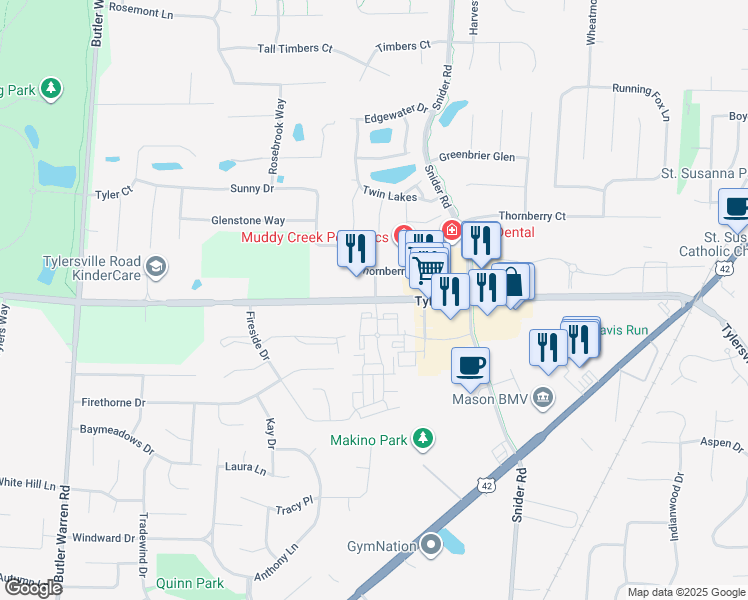 map of restaurants, bars, coffee shops, grocery stores, and more near 6310 Tylersville Rd in Mason