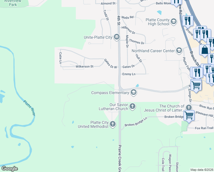 map of restaurants, bars, coffee shops, grocery stores, and more near 1924 4th Street in Platte City