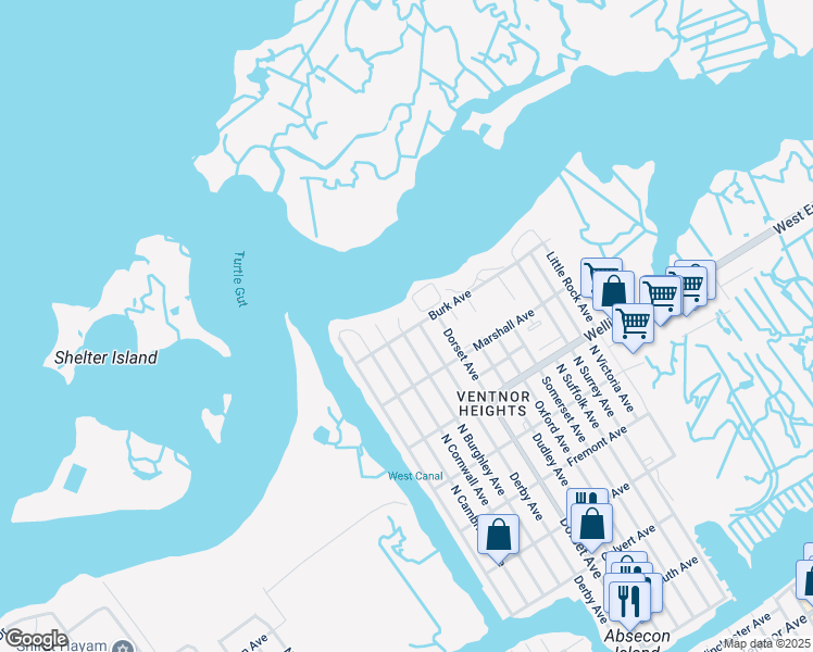 map of restaurants, bars, coffee shops, grocery stores, and more near 909 North Burghley Avenue in Ventnor City