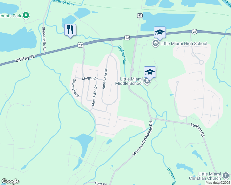 map of restaurants, bars, coffee shops, grocery stores, and more near 5526 Appaloosa Circle in Morrow