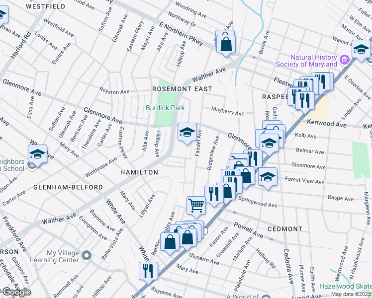 map of restaurants, bars, coffee shops, grocery stores, and more near 6211 Walther Avenue in Baltimore