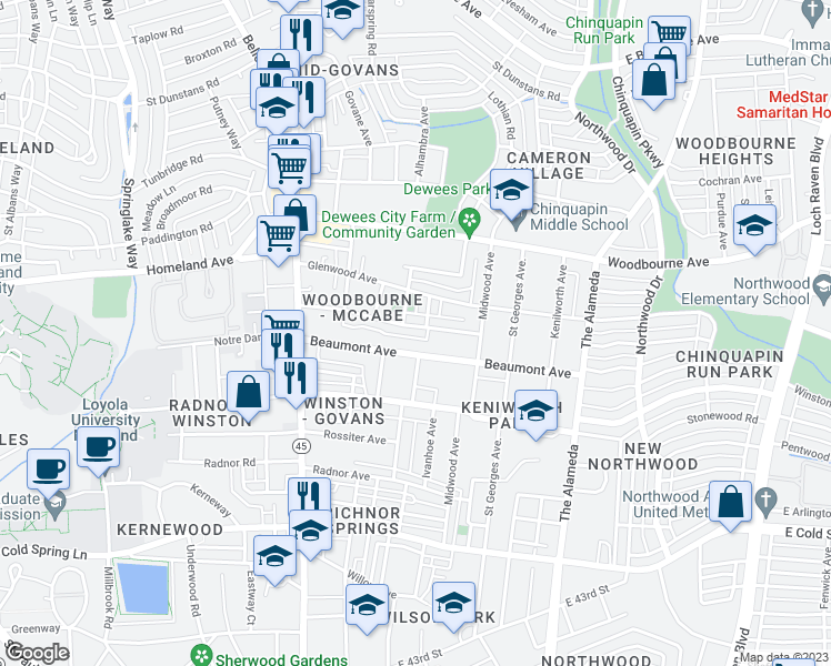 map of restaurants, bars, coffee shops, grocery stores, and more near 745 McCabe Avenue in Baltimore
