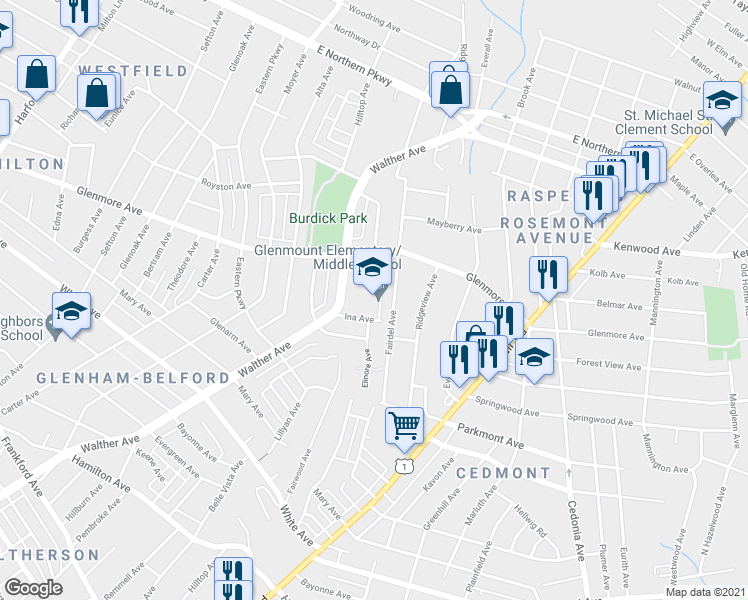 map of restaurants, bars, coffee shops, grocery stores, and more near 6211 Walther Avenue in Baltimore