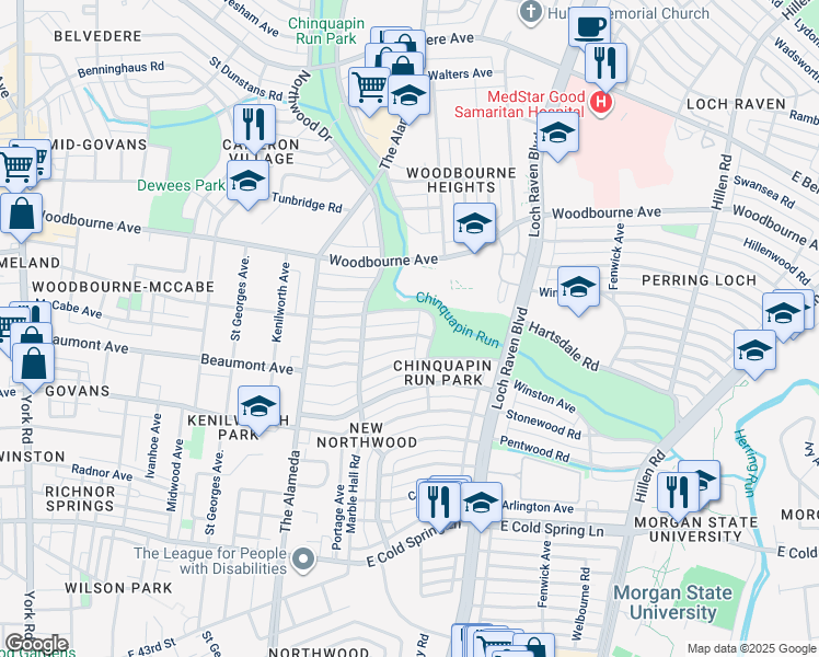map of restaurants, bars, coffee shops, grocery stores, and more near 1342 Silverthorne Road in Baltimore