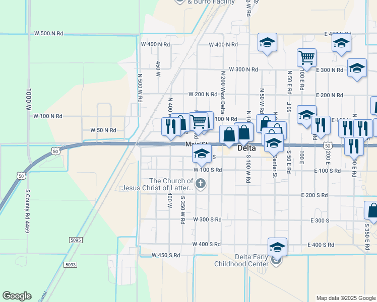 map of restaurants, bars, coffee shops, grocery stores, and more near 321 West Main Street in Delta