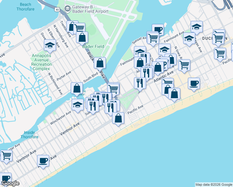 map of restaurants, bars, coffee shops, grocery stores, and more near 37 North Albany Avenue in Atlantic City