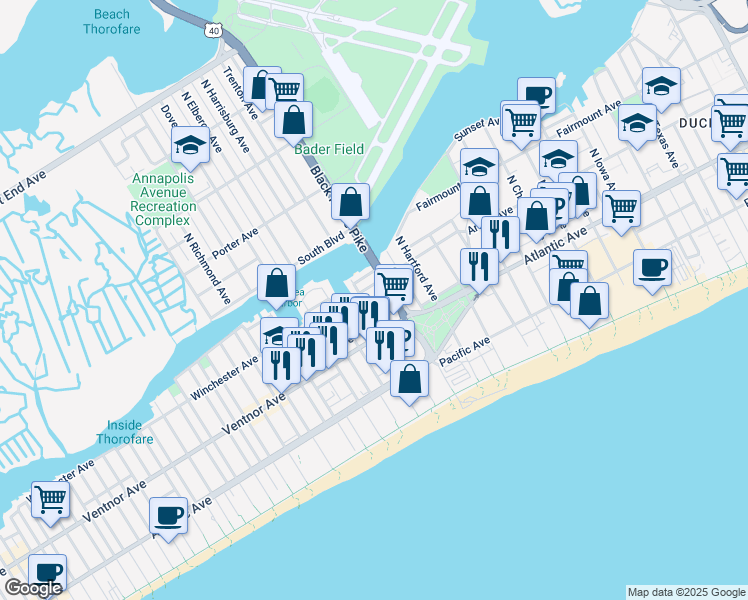 map of restaurants, bars, coffee shops, grocery stores, and more near 3720 Sunset Avenue in Atlantic City