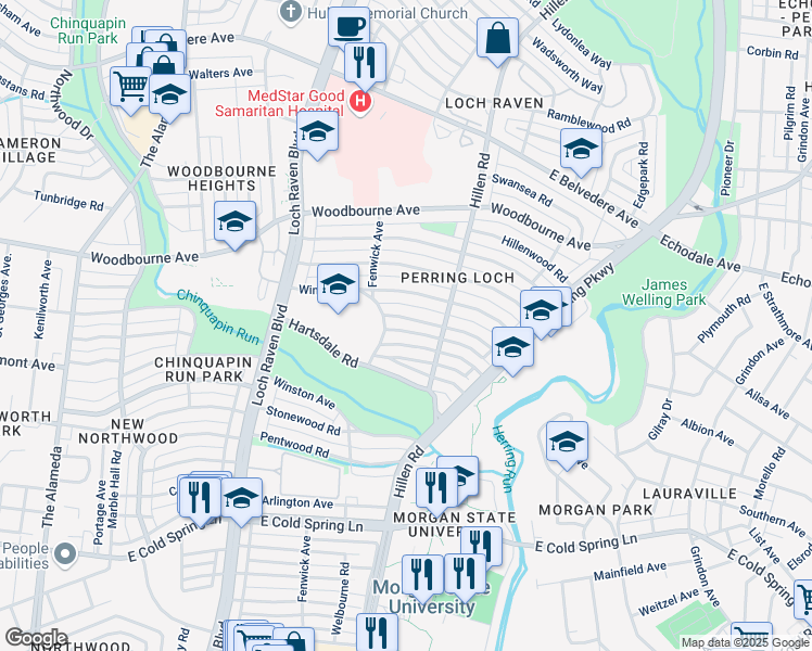 map of restaurants, bars, coffee shops, grocery stores, and more near 1616 Heathfield Road in Baltimore