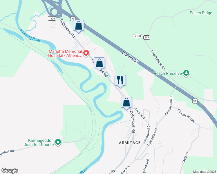 map of restaurants, bars, coffee shops, grocery stores, and more near 155 Columbus Road in Athens