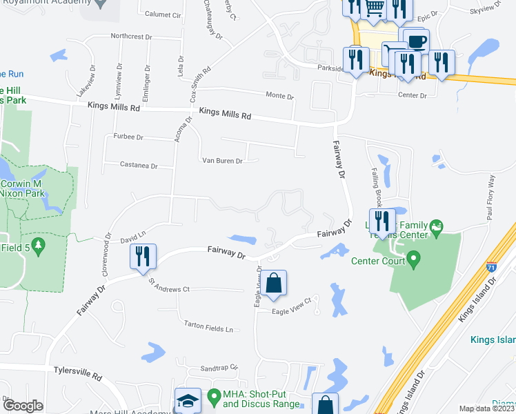 map of restaurants, bars, coffee shops, grocery stores, and more near 382 Walnut Lane in Mason