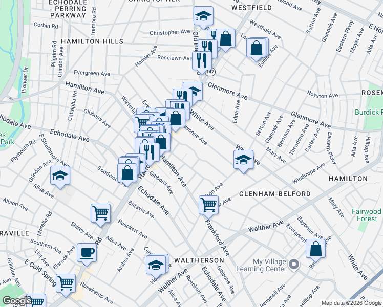 map of restaurants, bars, coffee shops, grocery stores, and more near 3105 Evergreen Avenue in Baltimore