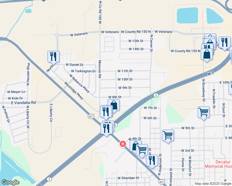 map of restaurants, bars, coffee shops, grocery stores, and more near 1515 North Brandt Street in Greensburg