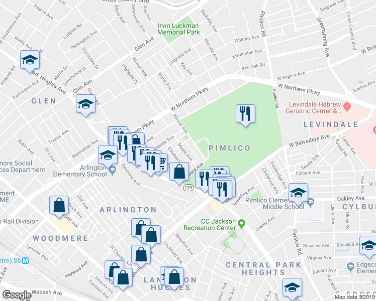 map of restaurants, bars, coffee shops, grocery stores, and more near 5337 Maple Avenue in Baltimore