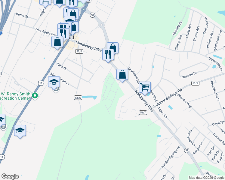 map of restaurants, bars, coffee shops, grocery stores, and more near 1001-1099 Meadowview Drive in Inwood