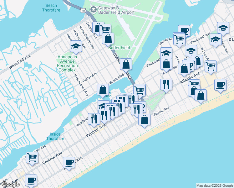 map of restaurants, bars, coffee shops, grocery stores, and more near in Atlantic City