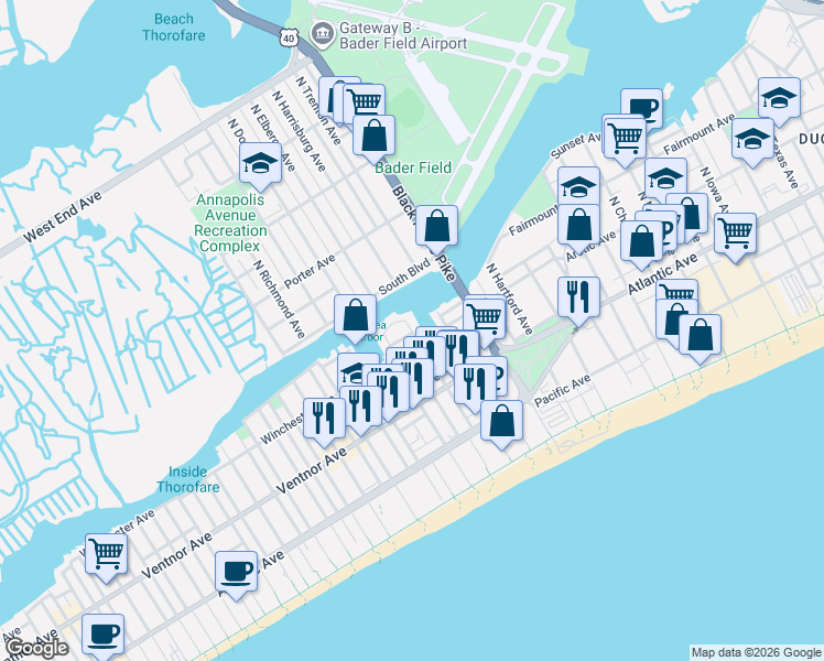 map of restaurants, bars, coffee shops, grocery stores, and more near in Atlantic City