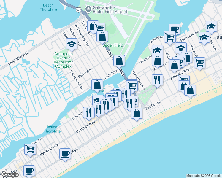 map of restaurants, bars, coffee shops, grocery stores, and more near in Atlantic City