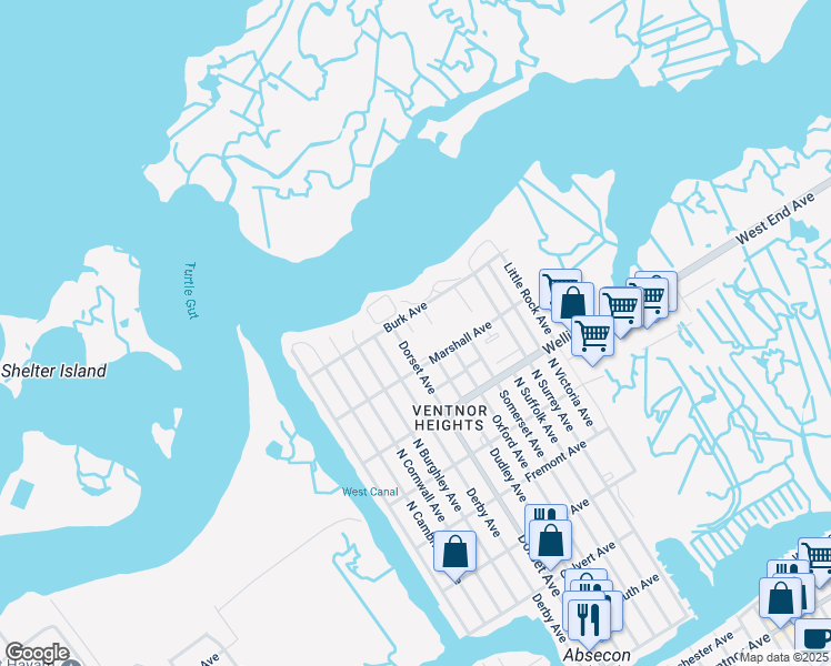 map of restaurants, bars, coffee shops, grocery stores, and more near 800 Burk Court in Ventnor City