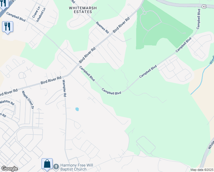 map of restaurants, bars, coffee shops, grocery stores, and more near 1113 Muddy Branch Court in Middle River