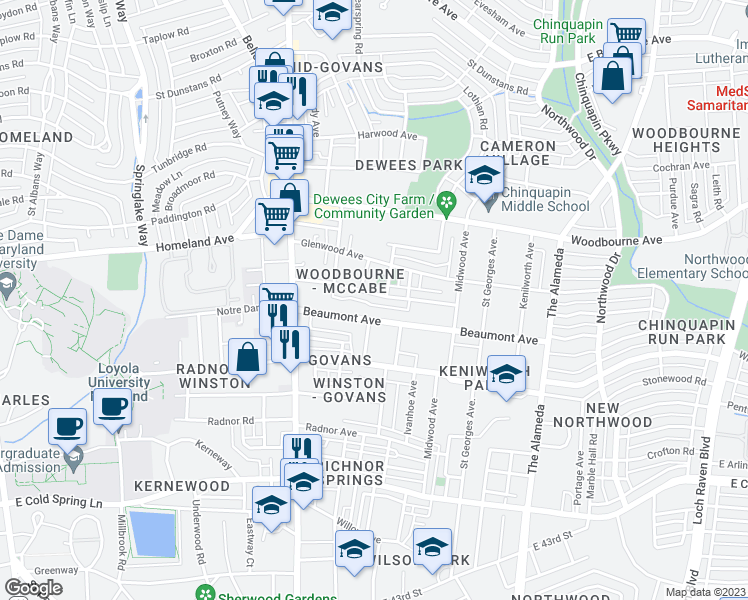 map of restaurants, bars, coffee shops, grocery stores, and more near 706 McCabe Avenue in Baltimore
