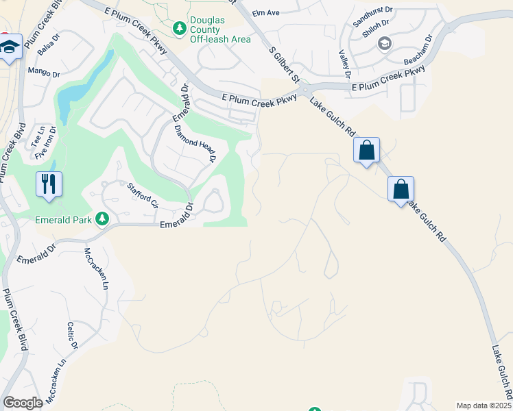 map of restaurants, bars, coffee shops, grocery stores, and more near 2115 Holmby Court in Castle Rock