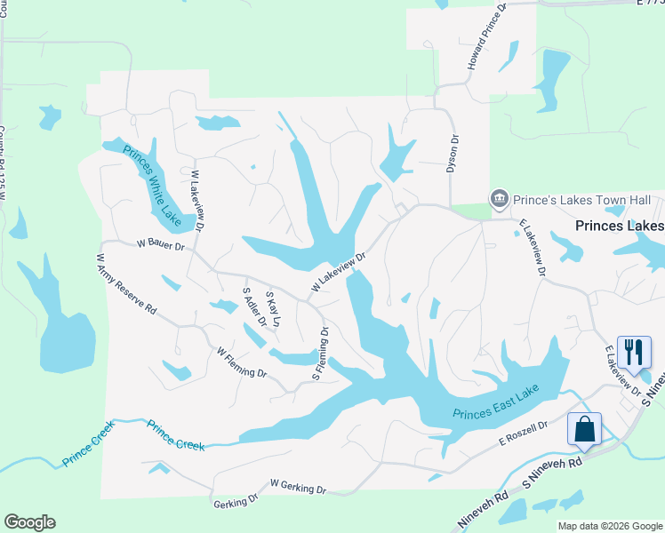 map of restaurants, bars, coffee shops, grocery stores, and more near 398 West Lakeview Drive in Princes Lakes