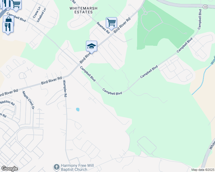 map of restaurants, bars, coffee shops, grocery stores, and more near 1113 Muddy Branch Court in Middle River