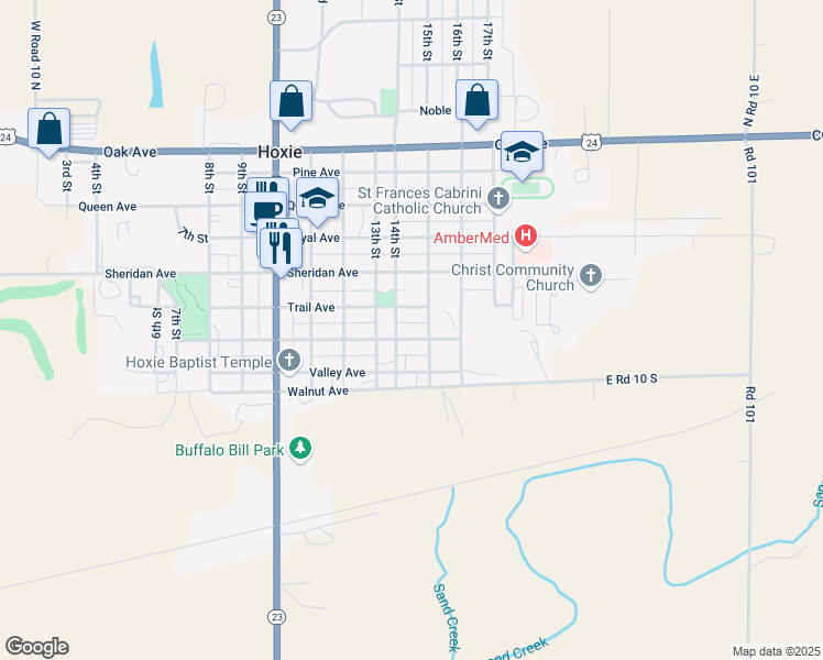 map of restaurants, bars, coffee shops, grocery stores, and more near 650-698 14th Street in Hoxie