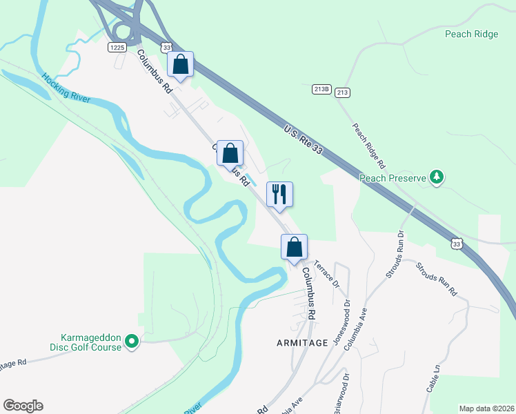 map of restaurants, bars, coffee shops, grocery stores, and more near 147 Columbus Rd in Athens
