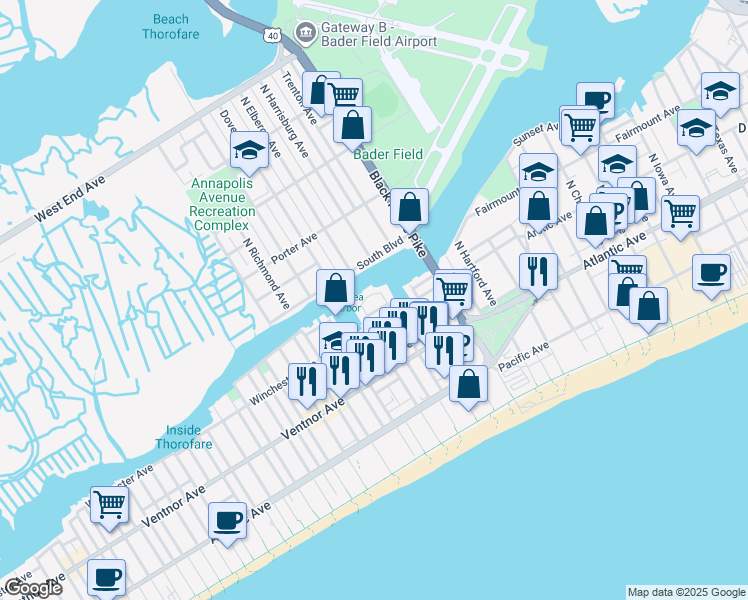 map of restaurants, bars, coffee shops, grocery stores, and more near 61 Chelsea Court in Atlantic City