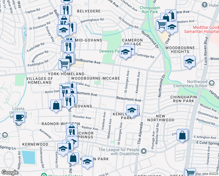 map of restaurants, bars, coffee shops, grocery stores, and more near 822 McCabe Avenue in Baltimore
