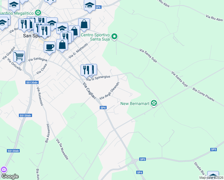 map of restaurants, bars, coffee shops, grocery stores, and more near Via Degli Asfodeli in San Sperate