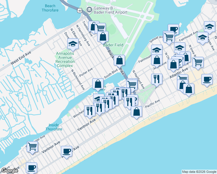 map of restaurants, bars, coffee shops, grocery stores, and more near in Atlantic City