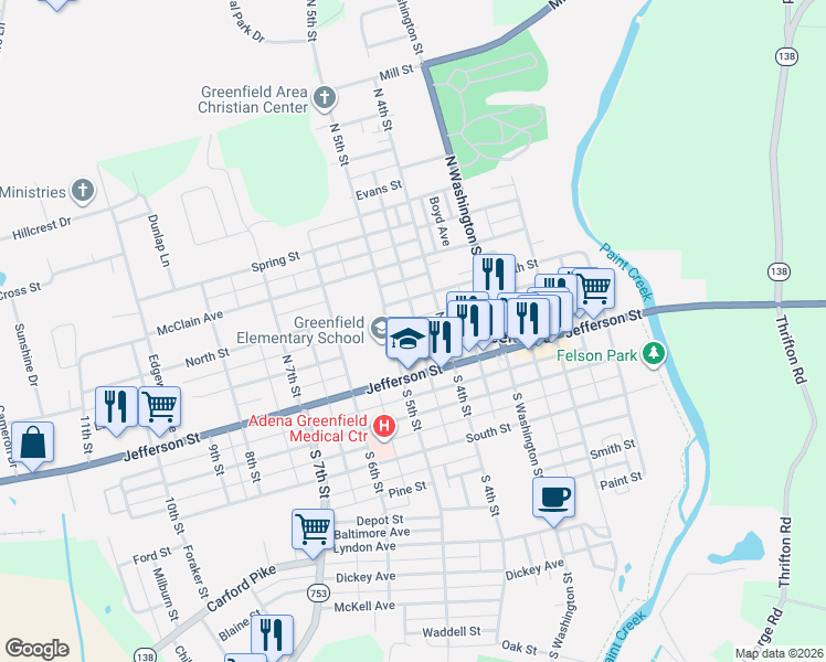 map of restaurants, bars, coffee shops, grocery stores, and more near 439 Lafayette Street in Greenfield