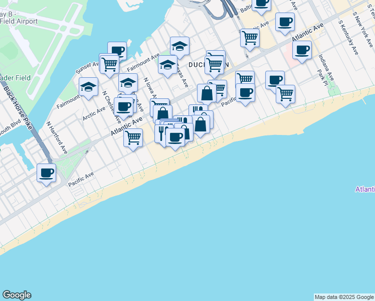 map of restaurants, bars, coffee shops, grocery stores, and more near 2719 Boardwalk in Atlantic City